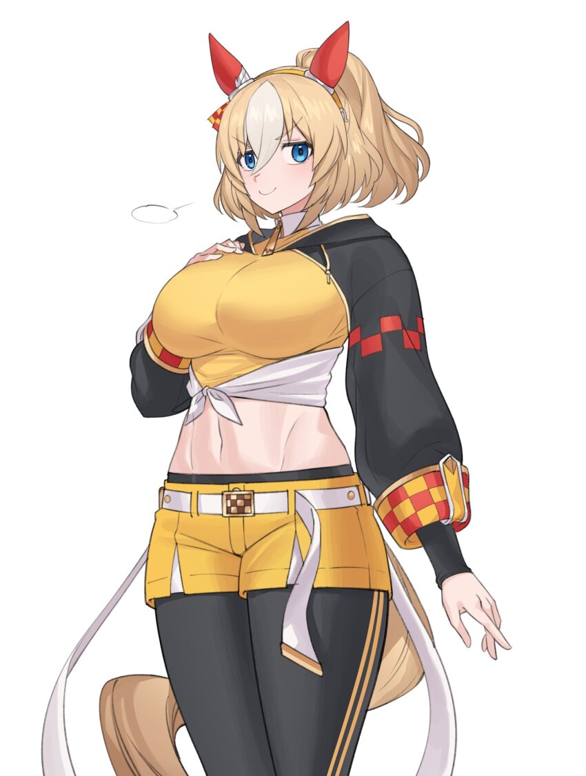 1girl alternate_color alternate_hair_length alternate_hairstyle animal_ears belt black_jacket black_leggings blonde_hair blue_eyes borrowed_hairstyle checkered_clothes checkered_jacket commentary cosplay cowboy_shot dantsu_flame_(umamusume) dantsu_flame_(umamusume)_(cosplay) doyagao durandal_(umamusume) ear_covers fukuro_(maruaru00) groin hair_between_eyes hairband high_ponytail highres horse_ears horse_girl horse_tail jacket leggings long_hair medium_hair midriff multicolored_jacket navel ponytail puff_of_air short_shorts shorts smug solo tail tied_jacket umamusume v-shaped_eyebrows white_belt white_hair yellow_hairband yellow_jacket yellow_shorts