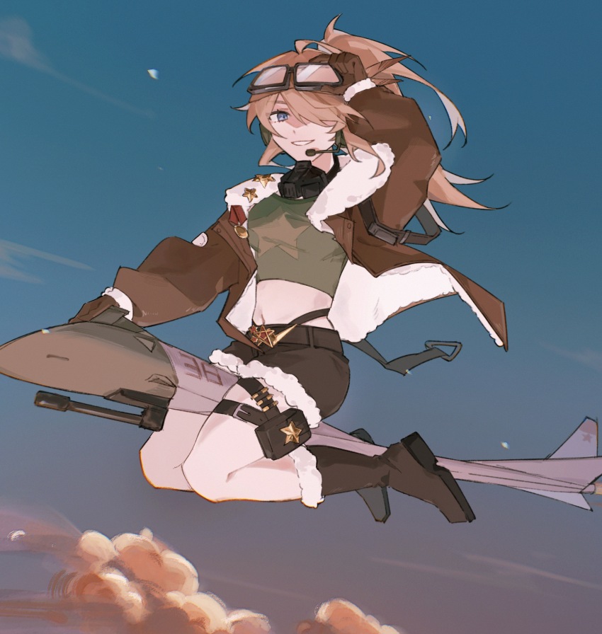 1girl adjusting_eyewear arm_up belt_pouch black_boots blonde_hair blue_eyes blue_sky boots broom broom_riding brown_gloves brown_jacket brown_shorts cloud full_body fur-trimmed_boots fur-trimmed_jacket fur-trimmed_shorts fur_trim gloves goggles goggles_on_head green_shirt grin hair_over_one_eye hand_on_eyewear hand_up headset highres iris769675331 jacket lilya_(reverse:1999) long_hair long_sleeves looking_at_viewer mask mask_around_neck mechanical_broom midriff navel one_eye_covered oxygen_mask ponytail pouch reverse:1999 shirt short_shorts shorts sky smile solo