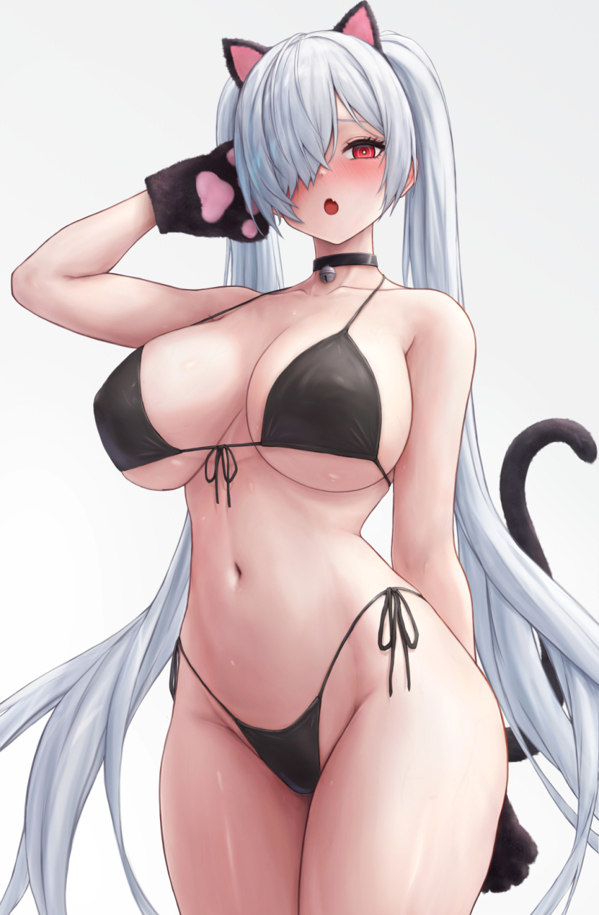 1girl :o animal_ears animal_hands bell bikini black_bikini breasts cat_ears cat_tail cinderella_(nikke) commentary_request cowboy_shot eyewear_on_head fang gloves goddess_of_victory:_nikke hair_over_one_eye highres kinoko_kun large_breasts large_variant_set long_bangs long_hair looking_at_viewer navel neck_bell open_mouth paid_reward_available paw_gloves red_eyes side-tie_bikini_bottom simple_background skin_fang solo stomach swimsuit tail thighs twintails variant_set very_long_hair white_background white_hair