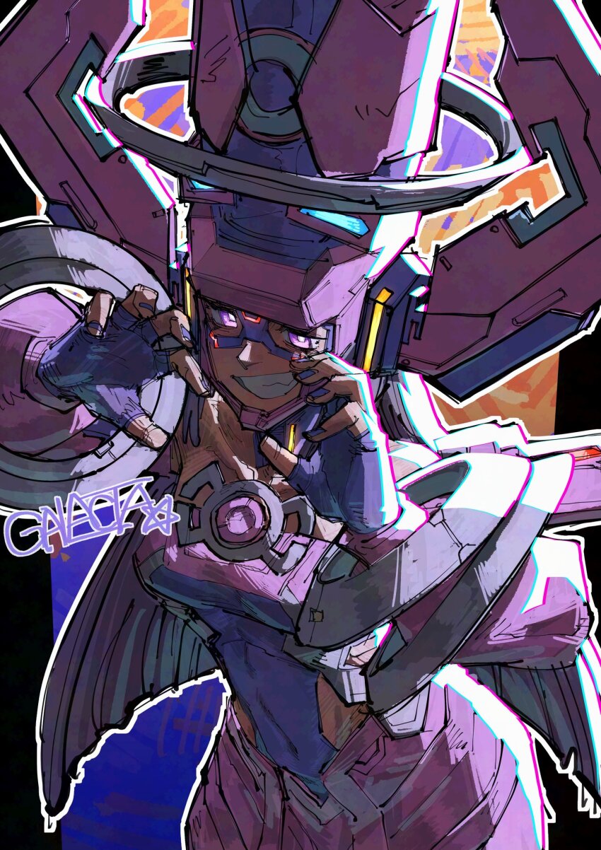 1girl black_hair covered_navel eye_mask fingerless_gloves galacta gloves helmet highres long_hair looking_at_viewer marvel marvel_rivals mask outline purple_eyes purple_gloves purple_helmet smile solo superebiseeeen teeth white_outline