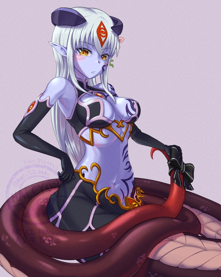 1girl alipheese_fateburn_xvi armored_skirt artist_name black_gloves black_ribbon black_shirt black_skirt blush breast_tattoo breasts chest_jewel colored_skin elbow_gloves eye_tattoo facial_tattoo flower gloves grey_background hair_flower hair_ornament hair_tattoo halcyon_(halcyon90) halter_shirt halterneck highres horns lamia large_breasts long_hair looking_at_viewer mon-musu_quest! monster_girl navel pixiv_id pointy_ears purple_skin ribbon shirt simple_background skirt solo stomach_tattoo tail tail_ornament tail_ribbon tattoo variant_set watermark white_hair yellow_eyes