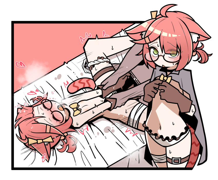 1boy 1girl animal_ear_fluff animal_ears arknights bandages bed blunt_bangs blush bow bowtie brown_cloak brown_gloves cloak closed_eyes completely_nude flat_chest fox_ears fox_girl fox_tail frilled_panties frills glasses gloves green_eyes hair_between_eyes hair_bow hair_ornament hair_over_one_eye hair_up hairclip hetero highres loli looking_at_viewer lying messy_hair missionary myrrh_(arknights) nankyoku_arikui nervous nipples nude on_back on_bed open_mouth panties red_background red_hair rope sex short_hair shy sidelocks standing steam steaming_body sweat tail teeth thigh_strap tongue underwear vaginal white_panties yellow_bow yellow_bowtie