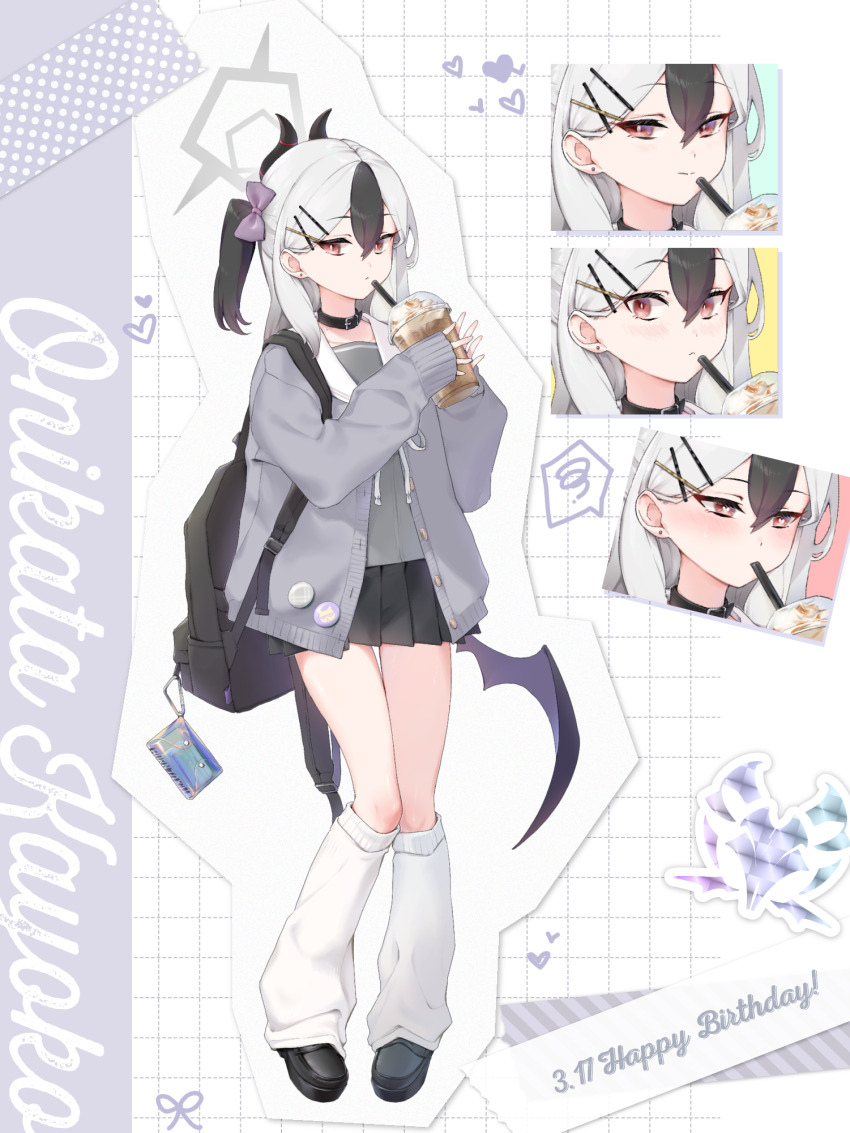 1girl bag black_bag black_collar black_footwear black_skirt blue_archive blush bow cardigan coffee collar cup demon_girl demon_horns demon_tail earrings embarrassed grey_cardigan grey_shirt gyaru hair_between_eyes hair_bow hair_ornament hairpin heart heart-shaped_pupils highres holding holding_cup horns iced_coffee jewelry kayoko_(blue_archive) long_hair looking_at_viewer loose_socks multicolored_hair multiple_hairpins okurahokori one_side_up purple_bow red_eyes sailor_collar school_bag shirt sidelocks skirt smile socks symbol-shaped_pupils tail white_sailor_collar