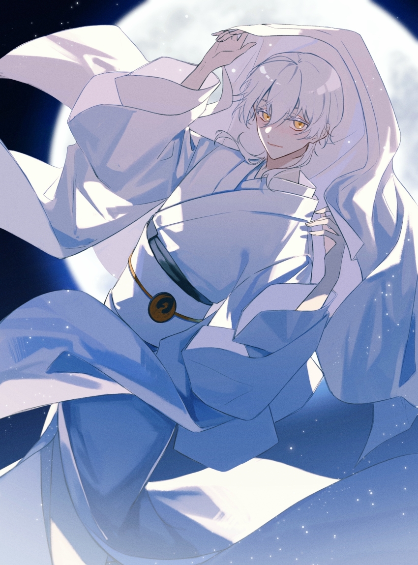 1boy absurdres bishounen colored_eyelashes feet_out_of_frame full_moon hair_between_eyes hands_up highres japanese_clothes kimono light_particles light_smile long_sleeves looking_at_viewer male_focus medium_hair mohexi459 moon mullet night obi obijime sash solo touken_ranbu tsurumaru_kuninaga veil veil_lift white_hair white_kimono white_sash white_veil wide_sleeves yellow_eyes