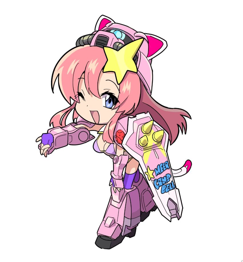 1girl armor bikini breasts chibi commentary_request full_body gloves gundam gundam_seed gundam_seed_destiny hair_ornament highres long_hair looking_at_viewer mecha mecha_musume meer_campbell open_mouth pink_hair robot sari_(curry0124) simple_background smile solo star_(symbol) star_hair_ornament swimsuit thighhighs zaku_warrior zaku_warrior_concert_custom