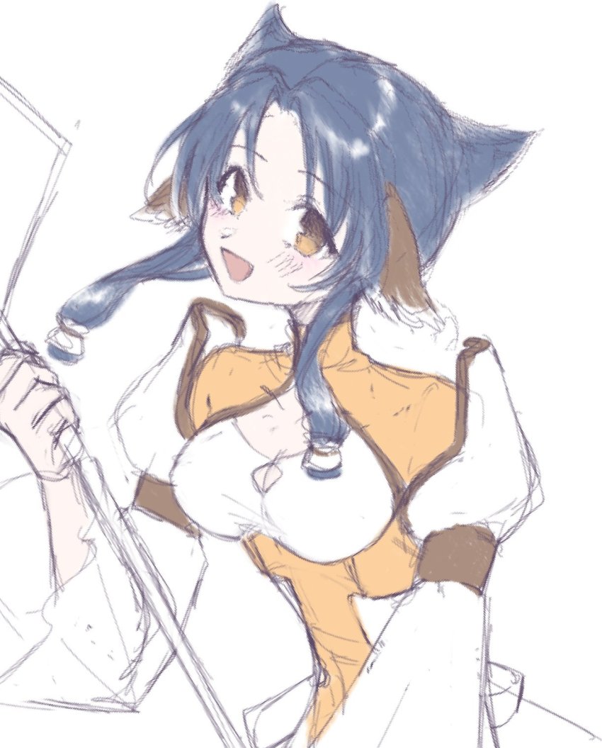 aquaplus arm_up atuy blue_hair blush breasts cleavage cleavage_cutout clothing_cutout curap1kt from_side head_tilt highres holding holding_polearm holding_spear holding_weapon large_breasts long_sleeves looking_at_viewer open_mouth orange_eyes parted_bangs polearm short_hair_with_long_locks sketch spear upper_body utawarerumono utawarerumono:_itsuwari_no_kamen weapon
