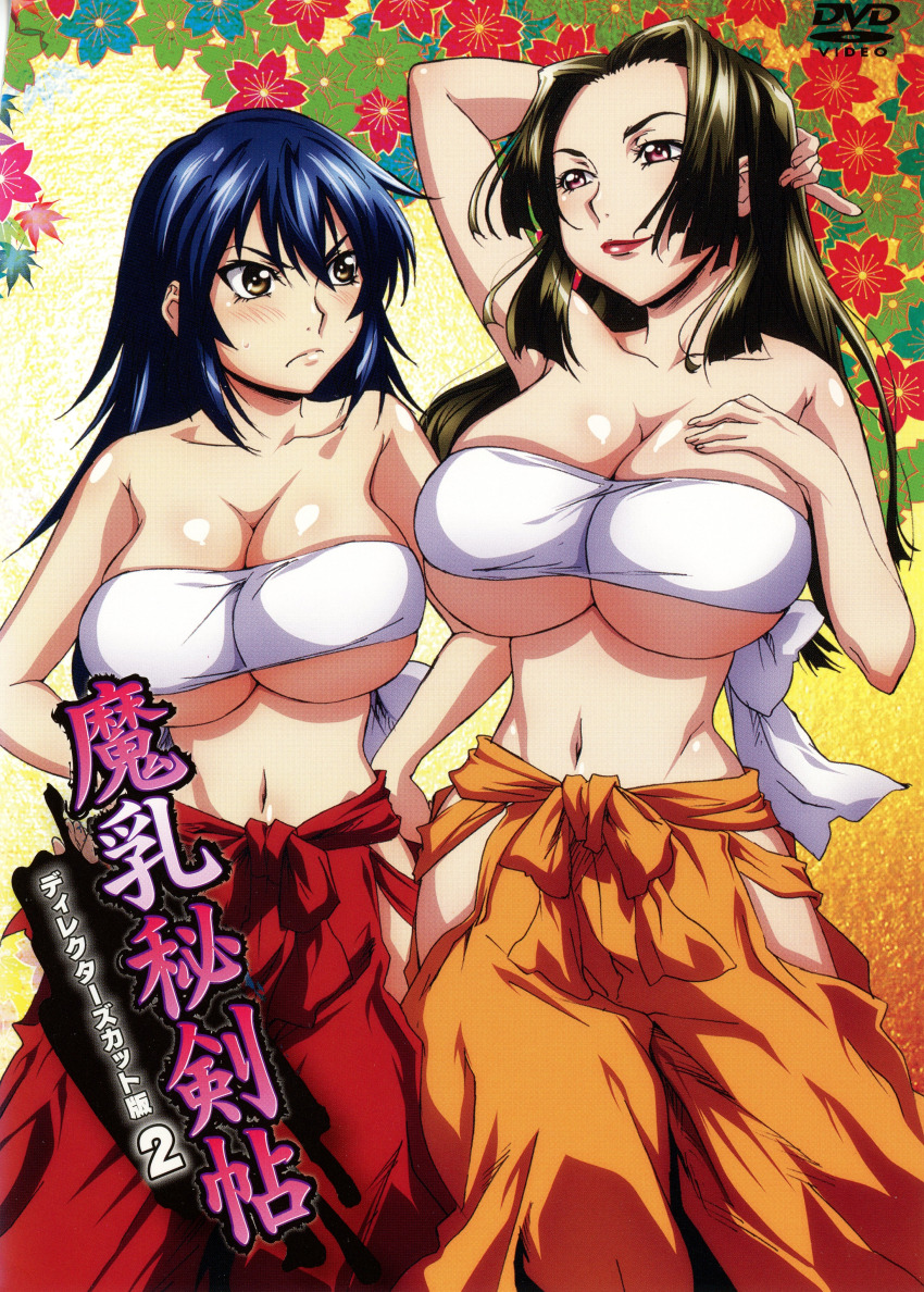2girls absurdres age_difference blue_hair blush box_art breasts bust_chart cleavage embarrassed forehead fundoshi green_hair hair_down hakama hakama_skirt hand_on_breast hand_on_own_hip heavy_breasts highres huge_breasts japanese_clothes large_breasts lipstick long_hair makeup manyuu_chifusa manyuu_hikenchou mature_female multiple_girls navel official_art scan sexual_tension shiny_skin skirt stomach sweat toyo_(manyuu_hikenchou) underboob wide_hips