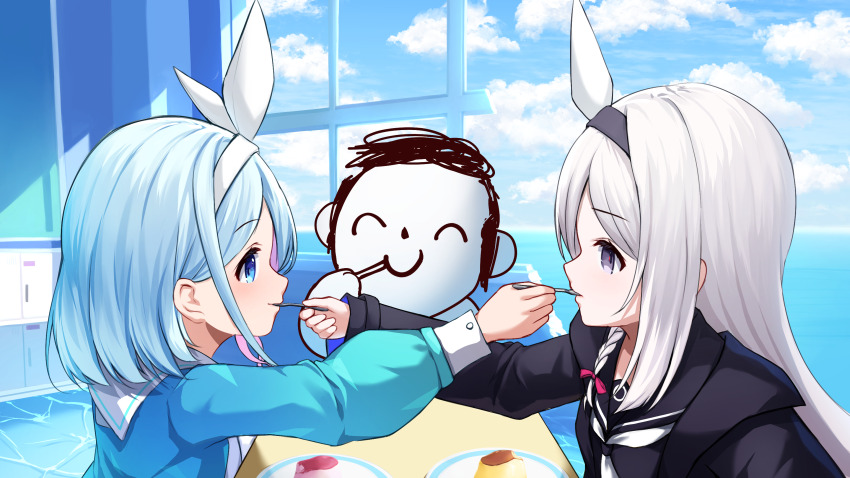 1other 2girls doodle_sensei_(blue_archive) arona_(blue_archive) blue_archive blue_hair classroom eating eye_contact facing_another food grey_hair highres holding holding_spoon looking_at_another merxkialis multiple_girls mutual_feeding plana_(blue_archive) pudding school_uniform sensei_(blue_archive) serafuku spoon upper_body