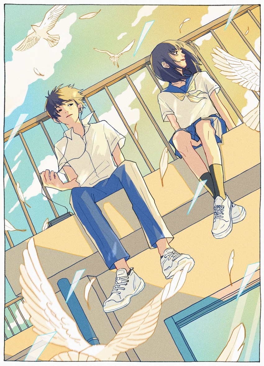 1boy 1girl 76oi black_eyes black_hair black_socks blue_pants blue_sailor_collar blue_skirt border cloud collared_shirt dress_shirt earphones falling_feathers feathers floating_hair highres ledge medium_hair mole mole_under_eye neckerchief original pants parted_lips pleated_skirt railing sailor_collar school_uniform serafuku shirt short_sleeves sidelocks sitting skirt socks walkman white_border white_footwear white_shirt yellow_neckerchief