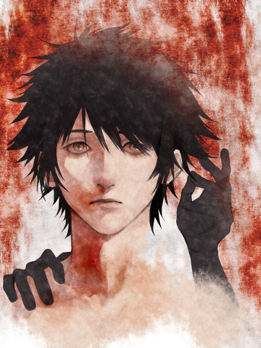 1boy abstract_background an_(xxcyclotron) black_hair blood blood_on_face chaos;head chinese_commentary closed_mouth commentary_request cropped_shoulders disembodied_hand expressionless frown hand_on_another&#039;s_shoulder highres looking_at_viewer male_focus messy_hair nishijou_takumi nosebleed portrait red_background short_hair smeared_blood solo yellow_eyes