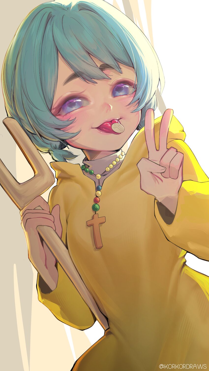 1girl absurdres bead_necklace beads bloom blush breasts cane food highres holding holding_cane jewelry jubilee_2025 korkordraws looking_at_viewer luce_(jubilee_2025) necklace open_mouth raincoat rosary short_hair small_breasts solo sweater tongue tongue_out twitter_username upper_body v wafer white_sweater yellow_raincoat
