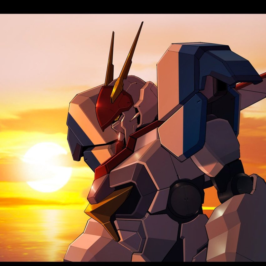 d-1 from_side g.yamamoto highres kikou_senki_dragonar letterboxed looking_down mecha no_humans robot science_fiction solo sunset upper_body water yellow_eyes