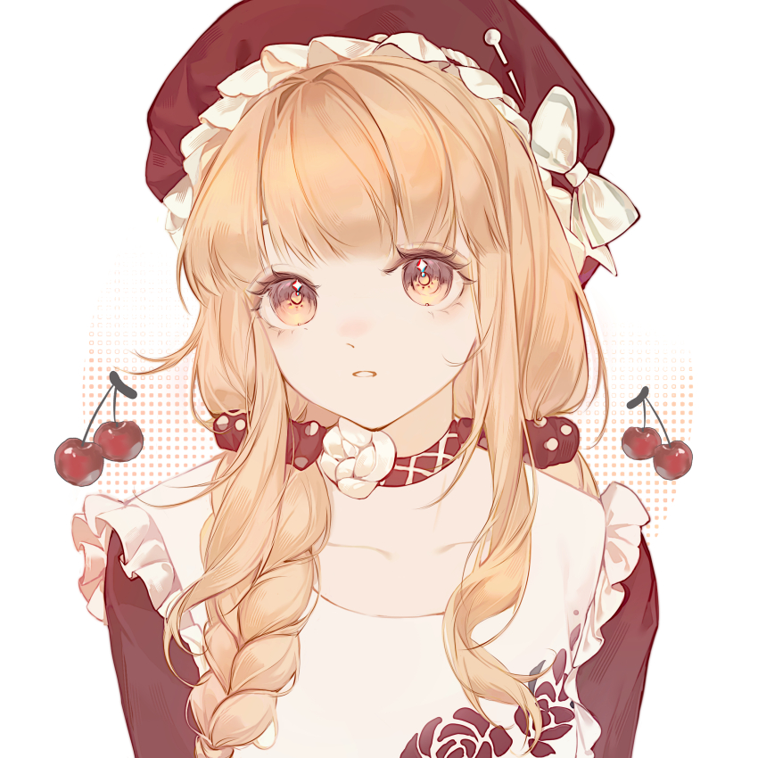 1girl argyle_choker blonde_hair blunt_bangs blush bow cherry choker collarbone dot_nose expressionless eyelashes floral_print flower food frilled_headwear frilled_vest frills fruit hair_half_over_shoulder hair_intakes hair_ornament hair_scrunchie halftone halftone_background hat hat_bow highres hou_mianbao_gou infinity_nikki light_blush long_hair long_sleeves low_twintails mob_cap neck_flower nikki_(series) nose_blush parted_lips polka_dot polka_dot_scrunchie red_choker red_hat red_scrunchie red_sweater rose rose_print scrunchie sewing_pin sidelocks solo sparkling_eyes sweater twintails upper_body vest white_background white_bow white_flower white_rose white_vest yellow_eyes