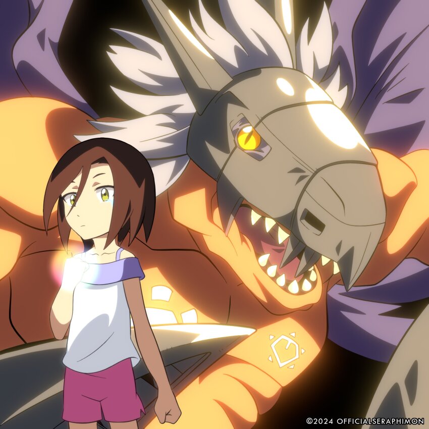 brown_hair cyborg digimon digimon_(creature) digimon_adventure_tri. dragon highres himekawa_maki looking_at_viewer megadramon officialseraphimon open_mouth sharp_teeth teeth yellow_eyes