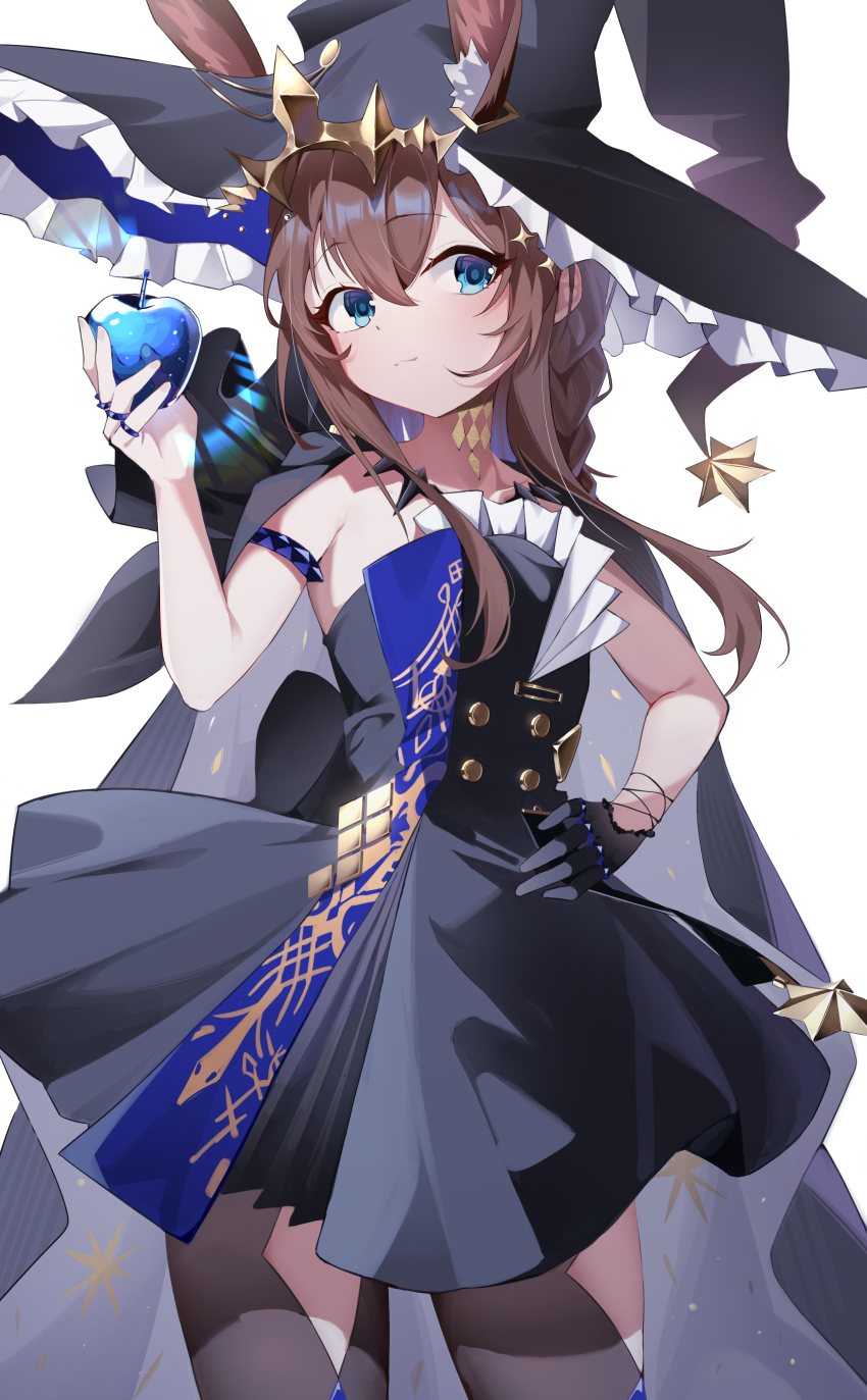 1girl absurdres ambience_synesthesia amiya_(arknights) amiya_(medic)_(arknights) amiya_(medic)_(solo_around_the_world)_(arknights) animal_ears apple arknights armlet black_dress black_gloves black_hat black_thighhighs blue_apple blue_eyes brown_hair cape closed_mouth clothing_cutout commentary_request cowboy_shot dowal dress ears_through_headwear food frilled_dress frilled_hat frills fruit gloves grey_cape hair_between_eyes hat highres holding holding_food holding_fruit jewelry lens_flare light_blush light_smile long_hair multiple_rings official_alternate_costume ring simple_background single_glove solo standing thigh_cutout thighhighs white_background witch_hat