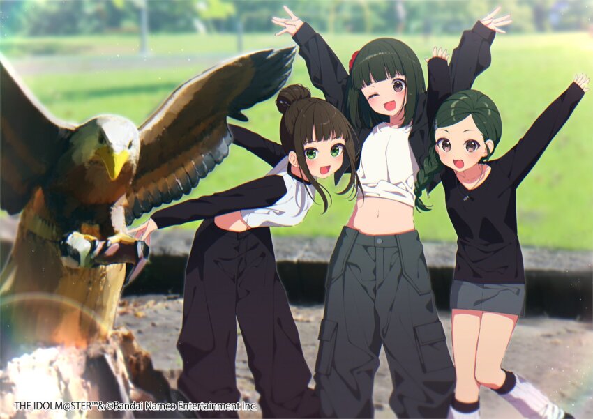 3girls :d ;d arms_up bird black_hair blurry braid copyright_name copyright_notice crop_top depth_of_field eagle fragments_of_the_idolmaster_cinderella_girls green_hair grey_hair hair_bun hamaguchi_ayame idolmaster idolmaster_cinderella_girls long_hair looking_at_viewer mamyouda multiple_girls navel niwa_hitomi official_art one_eye_closed open_mouth outdoors outstretched_arms pants real_world_location short_hair shuto_aoi smile spread_arms spread_wings statue sunlight