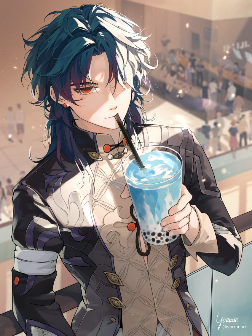 1bitheart 1boy absurdres artist_name black_hair black_jacket blade_(honkai:_star_rail) bubble_tea commentary drinking earrings english_commentary fence fingernails hair_over_one_eye highres honkai:_star_rail honkai_(series) indoors jacket jewelry long_hair long_sleeves looking_at_viewer male_focus mall parted_bangs people red_eyes solo upper_body yorrun