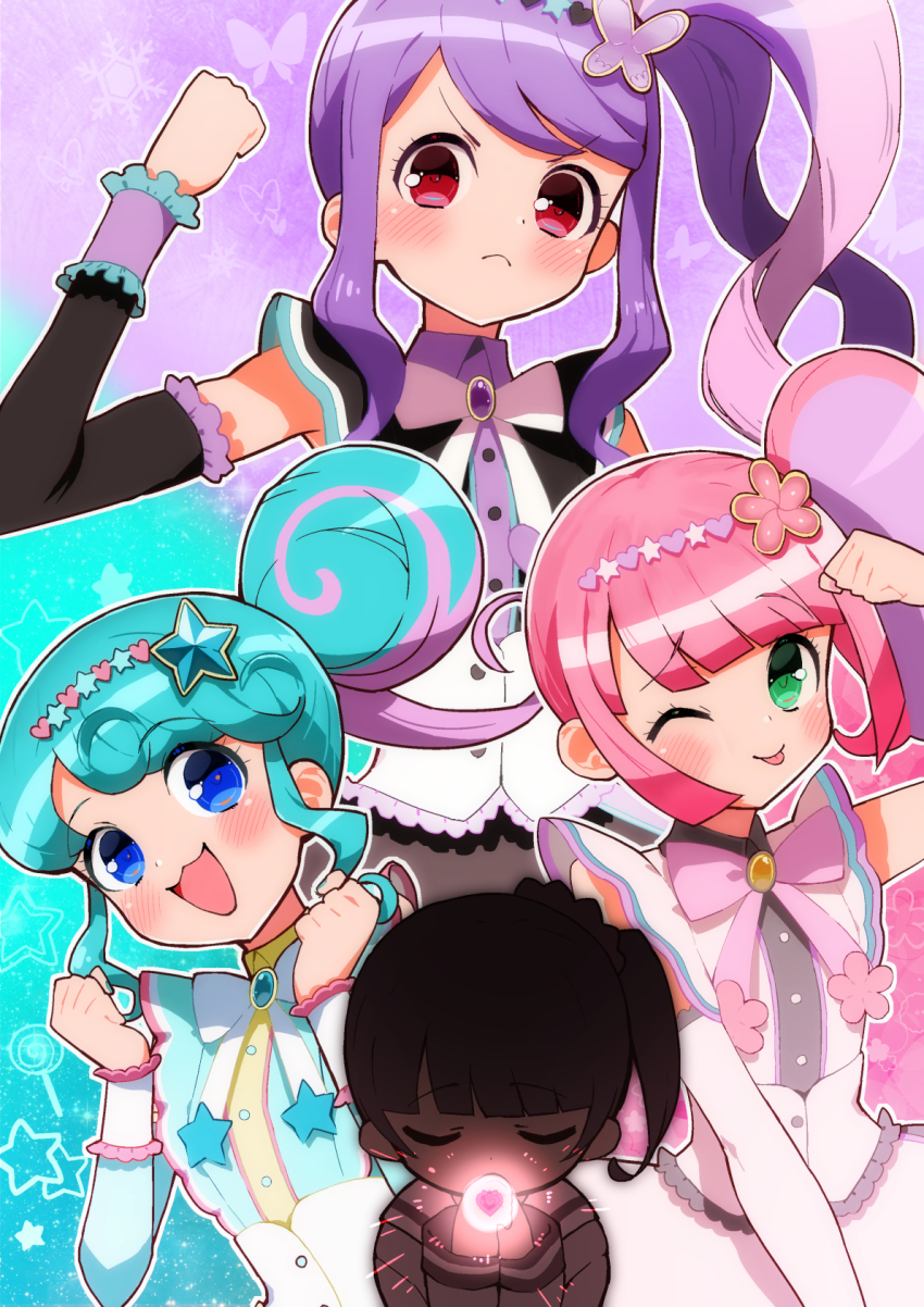 4girls :3 ;p blue_eyes blue_hair butterfly_hair_ornament closed_mouth commentary_request flower frown glowing green_eyes hair_bun hair_flower hair_ornament hands_up highres idol_clothes junon_(pripara) kanon_(pripara) long_hair looking_at_viewer manaka_non manaka_non_(normal) multicolored_hair multiple_girls one_eye_closed open_mouth outline pink_flower pink_hair pinon_(pripara) pretty_series pripara purple_hair short_hair side_ponytail sidelocks single_side_bun smile star_(symbol) star_hair_ornament streaked_hair tehepero tongue tongue_out toranoe upper_body v-shaped_eyebrows white_outline