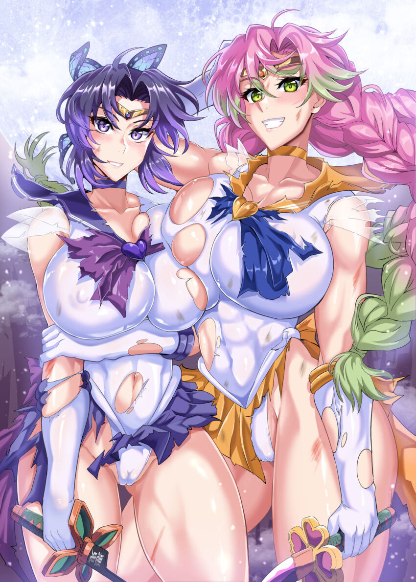 2girls breasts cosplay female_focus green_eyes grin highres huge_breasts kanroji_mitsuri kimetsu_no_yaiba kochou_shinobu multiple_girls nipples pink_hair puripuri_jet purple_eyes purple_hair sailor sailor_moon sailor_moon_(cosplay) sailor_saturn sailor_saturn_(cosplay) sailor_senshi sailor_senshi_(cosplay) sailor_venus sailor_venus_(cosplay) smile