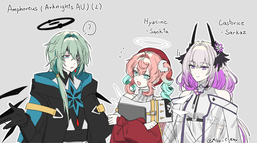 1boy 2girls ? anaxa_(honkai:_star_rail) aqua_eyes aqua_hair arknights bare_shoulders black_gloves castorice_(honkai:_star_rail) dress drill_hair gloves gradient_hair green_hair grey_background hair_intakes halo hat highres holding honkai:_star_rail honkai_(series) horns hyacine_(honkai:_star_rail) long_hair long_sleeves multicolored_eyes multicolored_hair multiple_girls open_mouth pink_hair pointy_ears purple_eyes purple_hair red_eyes red_hat simple_background twin_drills two-tone_eyes upper_body white_dress yoshiko_(rizz_cinax)