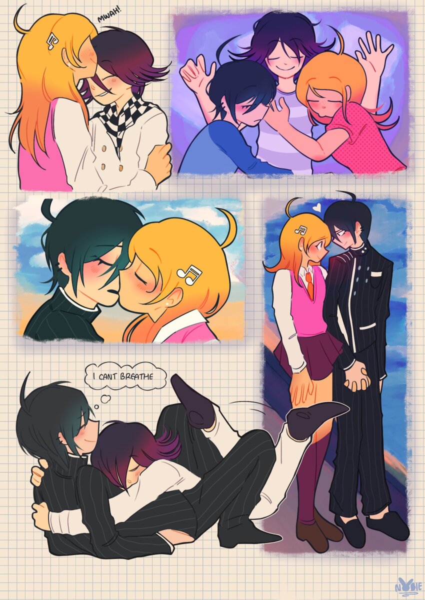 1girl 2boys ahoge akamatsu_kaede bisexual_male black_hair black_jacket blonde_hair blue_sky blush buttons checkered_clothes checkered_scarf collared_shirt commentary danganronpa_(series) danganronpa_v3:_killing_harmony ear_piercing english_commentary english_text flipped_hair fortissimo grid_background grin hair_between_eyes hair_ornament heart height_difference highres holding holding_hands hug jacket kiss kissing_forehead long_hair long_sleeves lying lying_on_person medium_hair multiple_boys musical_note musical_note_hair_ornament necktie nobi33ka oma_kokichi on_back pants piercing pink_sweater_vest pink_vest pinstripe_jacket pinstripe_pants pinstripe_pattern pleated_skirt polygamy profile purple_eyes purple_hair saihara_shuichi scarf school_uniform shirt short_hair shy skirt sky sleeping sleeping_together smile standing striped_clothes striped_jacket striped_pants sweater_vest two-tone_scarf vest