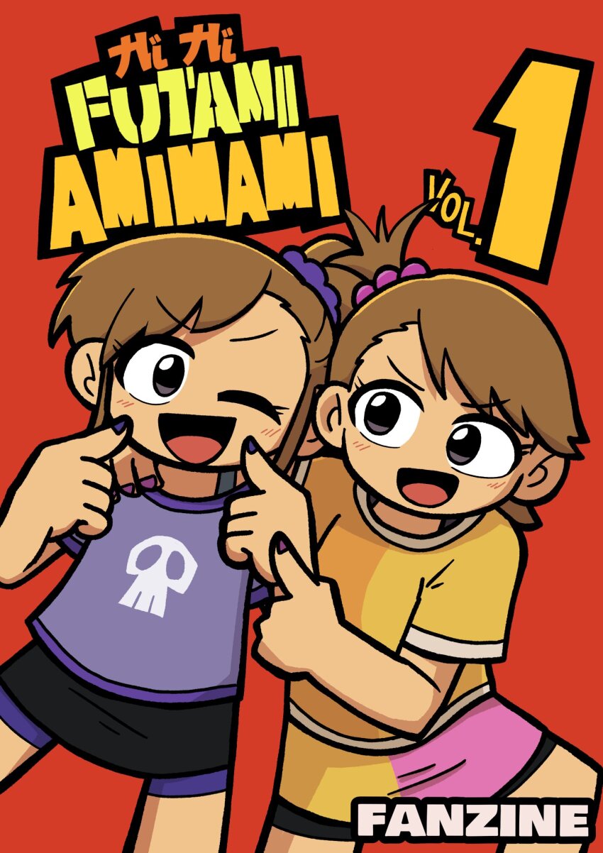 2girls :d asymmetrical_bangs black_eyes black_skirt blue_nails brown_hair cartoonized character_name cosplay cowboy_shot english_text eyelashes finger_to_cheek fis_(t83192933) flat_chest flipped_hair forehead futami_ami futami_mami hair_ornament hair_scrunchie hi_hi_puffy_amiyumi highres idolmaster idolmaster_(classic) idolmaster_million_live! idolmaster_million_live!_theater_days light_blush medium_hair multiple_girls one_eye_closed oonuki_ami oonuki_ami_(cosplay) open_mouth pointing pointing_at_another pointing_at_self purple_nails purple_shirt red_background scrunchie shirt short_sleeves siblings side_ponytail sidelocks skirt smile swept_bangs toon_(style) twins two-tone_skirt v-shaped_eyebrows yellow_shirt yoshimura_yumi yoshimura_yumi_(cosplay)