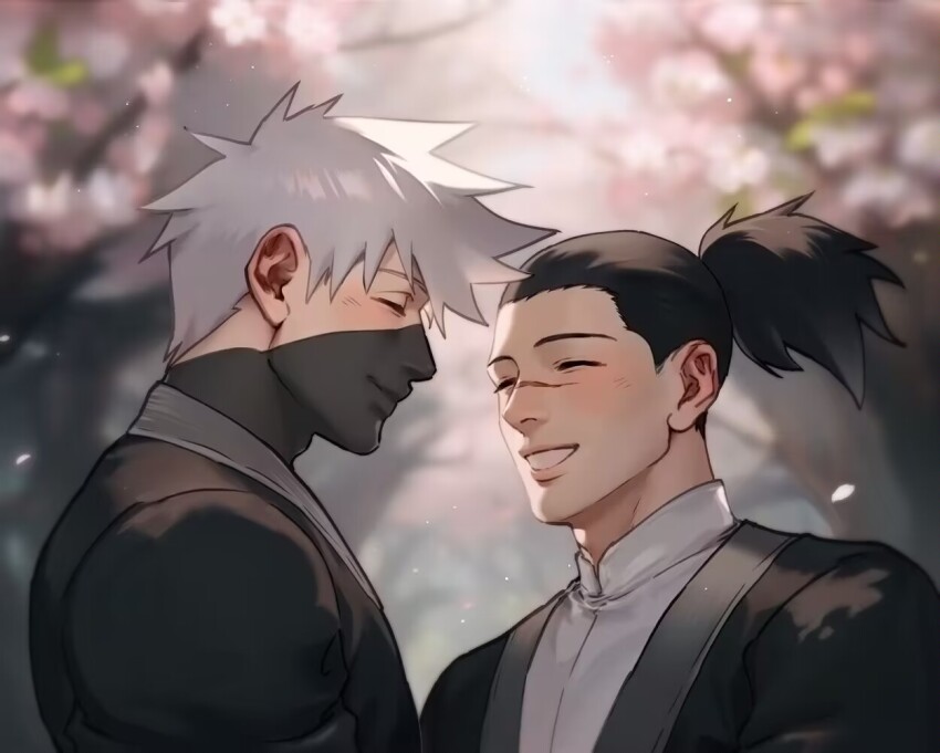 2boys black_hair black_jacket blurry blurry_background blush cherry_blossoms closed_eyes collared_shirt commentary falling_petals flower grey_hair grin hatake_kakashi ir_7770 jacket male_focus mask mouth_mask multiple_boys naruto_(series) petals pink_flower ponytail scar scar_on_face scar_on_nose shirt short_hair sideburns smile teeth tree umino_iruka upper_body white_shirt yaoi