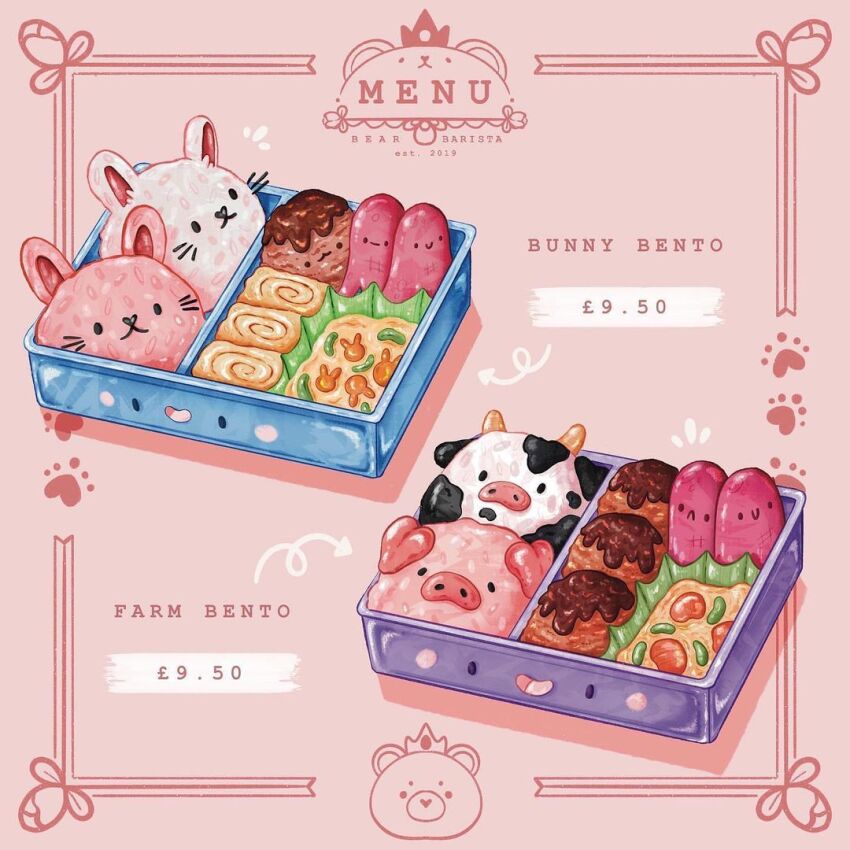 abbey_and_bear animal-themed_food arrow_(symbol) bear bento commentary cow crown english_commentary english_text food food_focus meatball menu no_humans notice_lines original paw_print picture_frame pig pink_background price rabbit sausage shadow