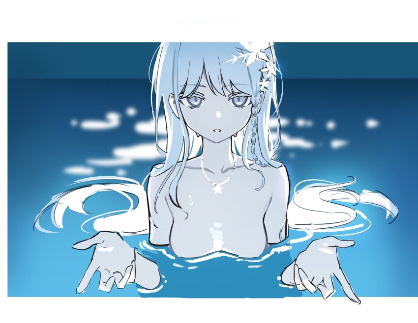 1girl absurdres blue_archive blurry blurry_background braid breasts collarbone colored_eyelashes commentary grey_eyes highres hoshirapu i&#039;ll_teach_you_everything_(chainsaw_man) jewelry long_hair looking_at_viewer nagusa_(blue_archive) necklace nude pale_skin parted_lips partially_submerged scene_reference side_braid small_breasts solo upper_body wet white_hair