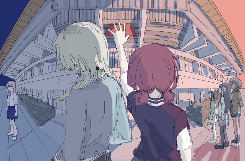 5girls arm_up awa_subaru black_hair black_pantyhose blue_necktie blue_skirt brown_hair brown_shirt collarbone commentary_request earclip ebizuka_tomo fisheye girls_band_cry grey_hair grey_shirt grey_skirt highres iseri_nina kawaragi_momoka light_brown_hair long_hair multiple_girls necktie nippon_budokan_(building) odore_(suzukisakana001) outdoors pantyhose plaid pleated_skirt red_hair rupa_(girls_band_cry) school_uniform shirt short_hair short_twintails skirt socks togenashi_togeari twintails white_shirt white_socks