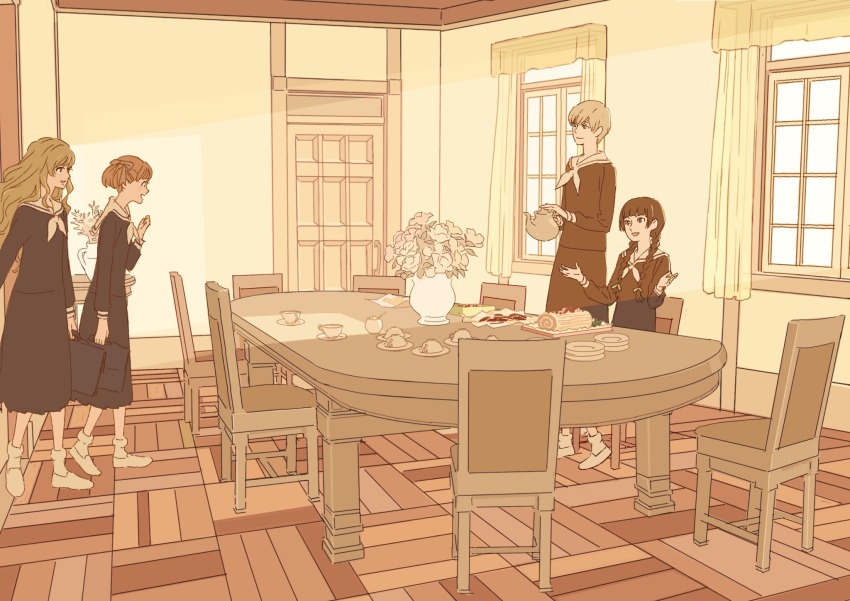 55bata6rou black_serafuku black_shirt black_skirt bouquet braid brown_hair cake chair clubroom cup curtains door flower food fukuzawa_yumi full_body hasekura_rei highres holding holding_teapot indoors lillian_girls&#039;_academy_school_uniform long_hair long_sleeves maria-sama_ga_miteru neckerchief open_mouth plate pleated_skirt school_uniform serafuku shimazu_yoshino shirt short_hair sitting skirt slice_of_life smile standing swiss_roll table teacup teapot toudou_shimako twin_braids twintails vase white_neckerchief window