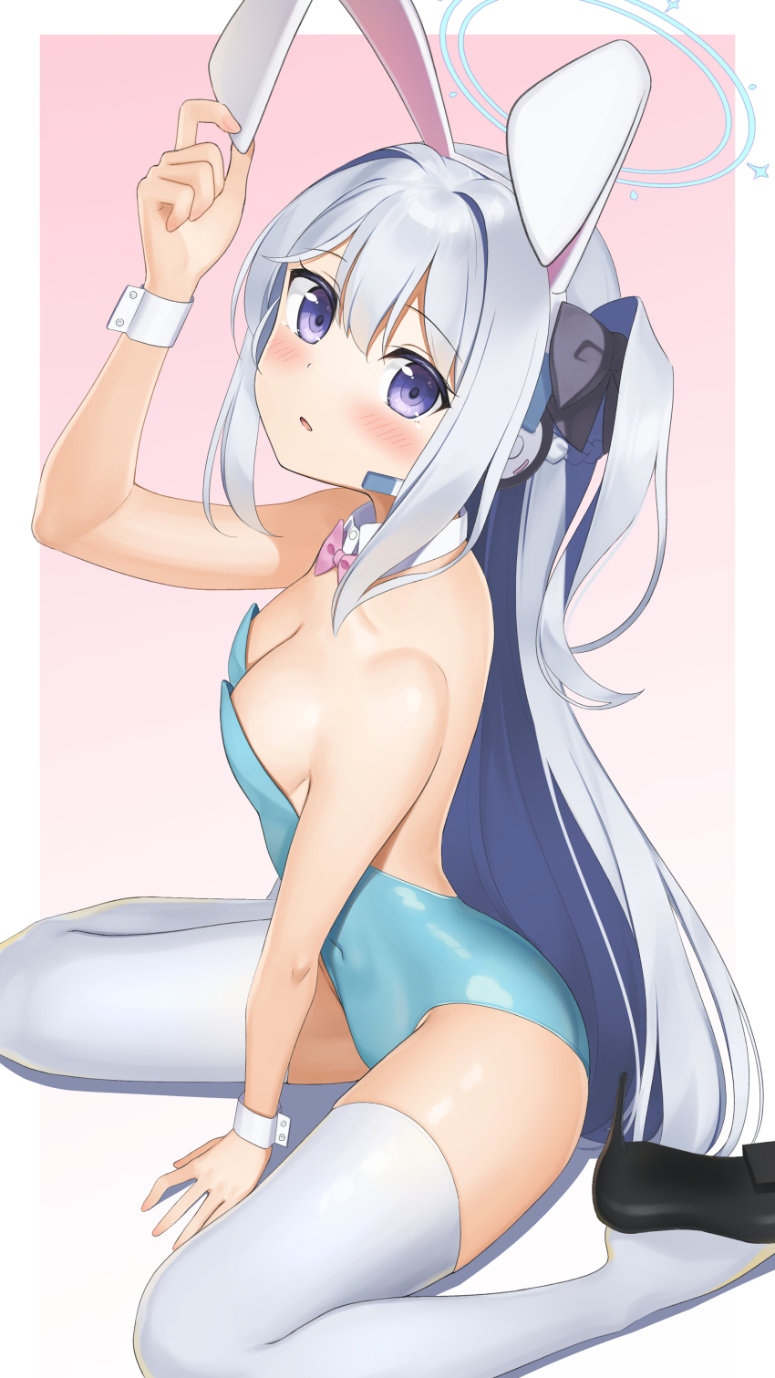 1girl absurdres animal_ears apollo_(hu_maple) bare_shoulders blue_archive breasts cleavage commentary fake_animal_ears gradient_background hair_ornament hair_ribbon halo hand_on_ground hand_on_own_ear high_heels highres leotard long_hair miyako_(blue_archive) paid_reward playboy_bunny purple_eyes ribbon simple_background sitting strapless strapless_leotard thighhighs wariza white_hair white_thighhighs