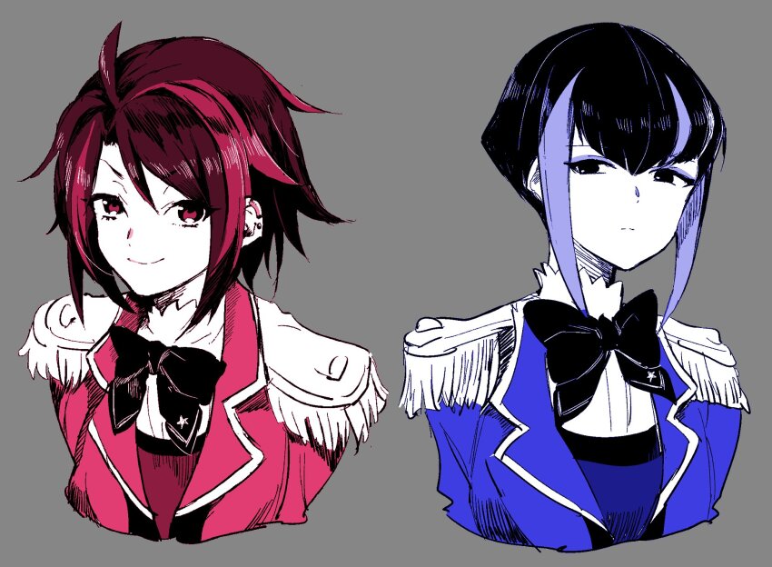 2girls aikatsu!_(series) aikatsu_stars! blazer bow bowtie closed_mouth cropped_torso epaulettes grey_background hibiki_anna highres jacket looking_at_viewer multicolored_hair multiple_girls multiple_monochrome s4_uniform shiontaso short_hair simple_background smile streaked_hair upper_body yachigusa_momoko