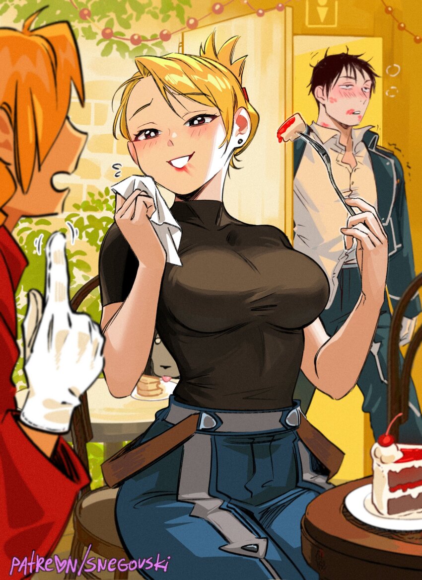1girl 2boys cake edward_elric food fork fullmetal_alchemist highres lipstick lipstick_mark makeup multiple_boys riza_hawkeye roy_mustang shirt untucked_shirt