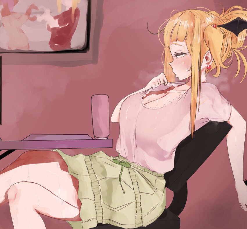 1girl black_wings blonde_hair blush breasts chair cleavage commentary eliorakek english_commentary feet_out_of_frame folded_ponytail green_skirt head_wings highres hot ichika_games indie_virtual_youtuber indoors large_breasts open_mouth painting_(object) pink_shirt profile shirt short_sleeves sitting skirt solo sweat virtual_youtuber weeze wings