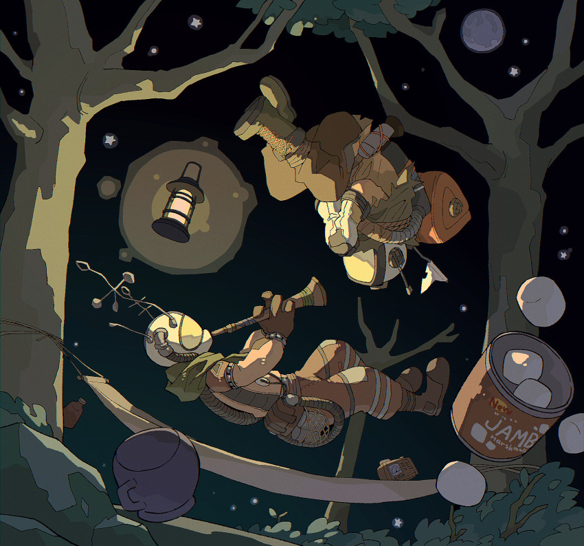 2others brown_pants can covered_face cup floating flute food full_body full_moon gabbro green_scarf hammock hatchling_(outer_wilds) helmet highres holding holding_instrument instrument levitation marshmallow moon mug multiple_others music night night_sky oil_lamp okajamira other_focus outdoors outer_wilds own_hands_clasped own_hands_together pants playing_instrument rock scarf sky solo_focus space_helmet tree tube