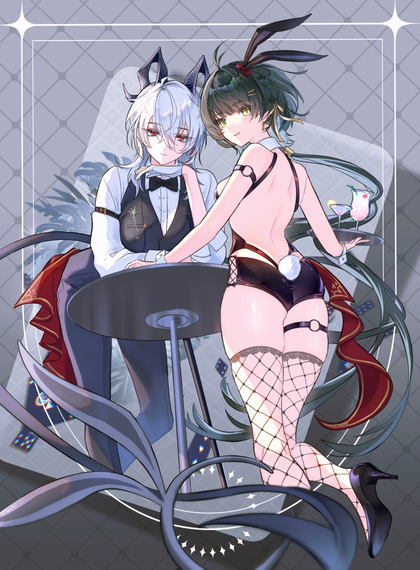 2girls absurdres alternate_costume animal_ears antenna_hair back backless_outfit bare_shoulders black_bow black_bowtie black_hair black_horns black_pants black_shoes black_shorts black_tail black_vest bow bowtie breasts butler card chromatic_aberration closed_mouth commentary crossdressing crossdressing_(ftm) cup curled_horns demon_tail drinking_glass earrings fake_animal_ears fake_tail female_butler female_rover_(wuthering_waves) fishnet_thighhighs fishnets gloves hair_between_eyes hair_bow hair_ornament hair_ribbon hairclip high_heels highres holding holding_tray horns jewelry key_earrings large_breasts leaning_on_table long_hair long_sleeves looking_at_viewer looking_back low_ponytail median_furrow medium_breasts mole mole_under_eye multicolored_hair multiple_girls mutii o-ring o-ring_thigh_strap pants parallel_hairclips parted_lips playing_card ponytail rabbit_ears rabbit_tail red_bow red_eyes ribbon rover_(wuthering_waves) shirt shoes short_shorts shorts smile streaked_hair table tail thigh_strap thighhighs thighs tray triangle_earrings very_long_hair vest white_gloves white_shirt white_wrist_cuffs wrist_cuffs wuthering_waves yellow_eyes yellow_ribbon zani_(wuthering_waves)