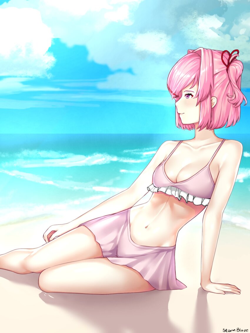 beach bikini day daylightallure doki_doki_literature_club highres looking_at_viewer natsuki_(doki_doki_literature_club) pink_bikini pink_eyes pink_hair relaxing relaxjon seal storm_blaze swimsuit