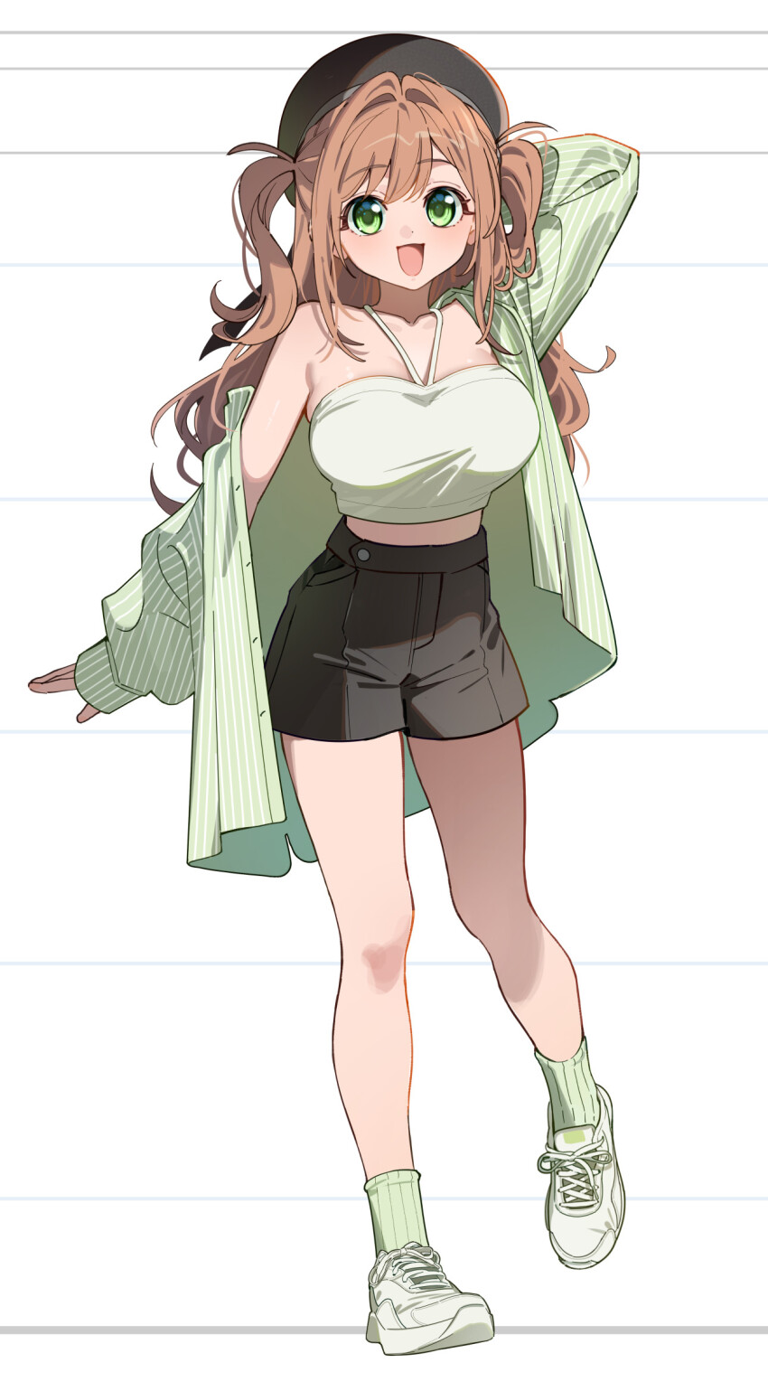1girl beret blush breasts brown_hair full_body green_eyes hat highres kise_itsuki large_breasts looking_at_viewer miku_(kise_itsuki) open_clothes open_mouth open_shirt original shoes shorts smile sneakers solo two_side_up