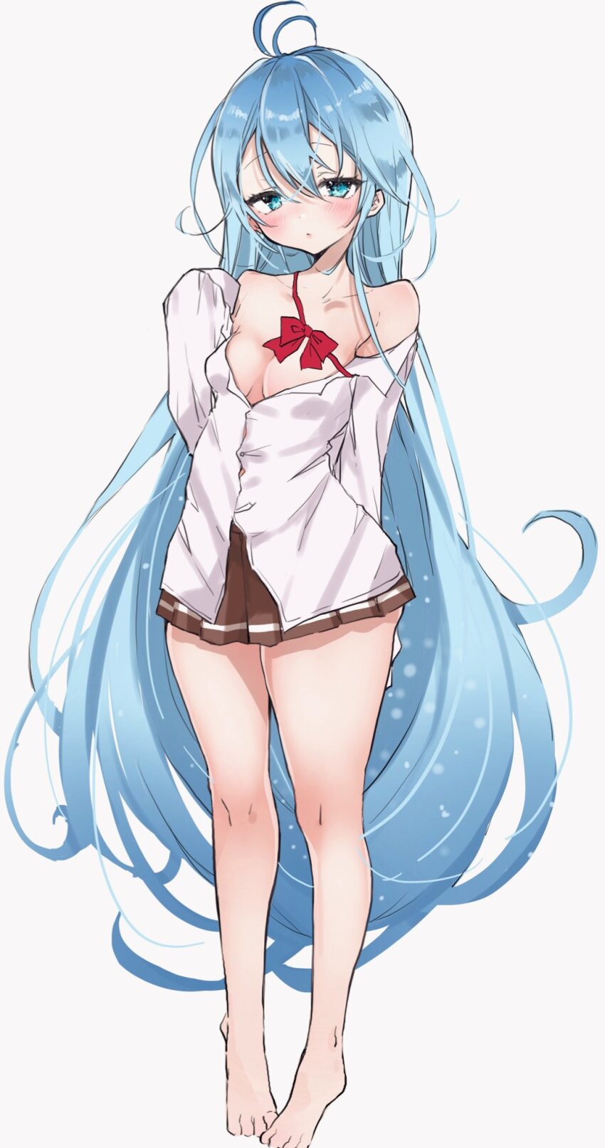 1girl antenna_hair aqua_eyes aqua_hair arm_behind_back barefoot blush breasts brown_skirt chigasaki_yukari denpa_onna_to_seishun_otoko full_body hair_between_eyes highres long_hair long_sleeves looking_at_viewer medium_breasts miniskirt off_shoulder pleated_skirt shirt simple_background skirt sleeves_past_wrists solo standing touwa_erio very_long_hair white_shirt