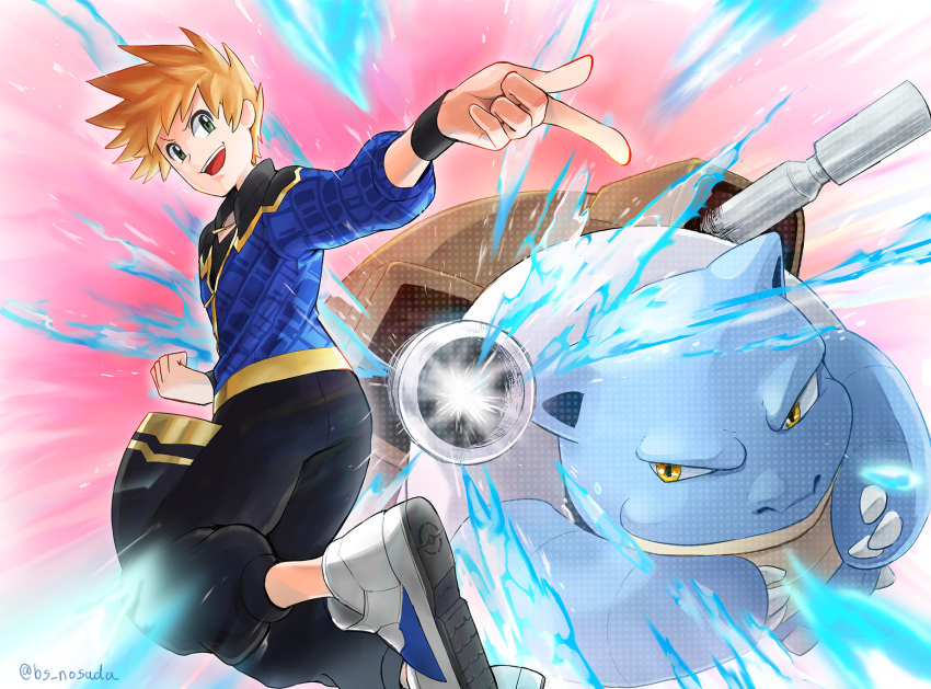 1boy :d black_pants blastoise blue_jacket blue_oak blue_oak_(sygna_suit) capri_pants clenched_hand commentary_request gen_1_pokemon highres jacket looking_down male_focus nintendo nosada_nosawo official_alternate_costume open_mouth orange_hair pants pokemon pokemon_(creature) pokemon_masters_ex shoes short_hair smile sneakers spiked_hair teeth twitter_username upper_teeth_only water watermark