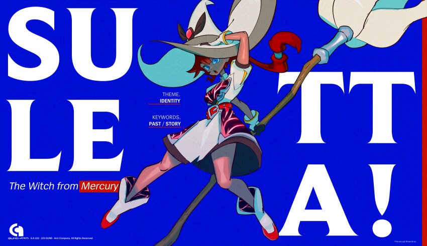 absurdres belt blue_background blue_eyes breasts broom character_name copyright_name cosplay dark-skinned_female dark_skin dress gloves gundam gundam_calibarn gundam_calibarn_(cosplay) gundam_suisei_no_majo hat highres holding holding_broom holding_unworn_clothes holding_unworn_hat long_hair looking_at_viewer low_ponytail medium_breasts nique ponytail red_hair suletta_mercury unworn_hat unworn_headwear white_dress white_footwear white_gloves white_hat witch_hat