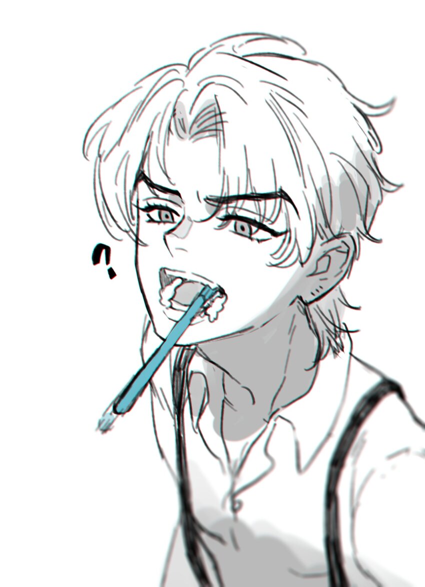 ? aged_down brushing_another&#039;s_teeth brushing_teeth dio_brando highres honlo invisible jojo_no_kimyou_na_bouken male_focus mole mole_on_ear open_mouth phantom_blood shirt short_hair suspenders teeth tongue toothbrush toothbrush_in_mouth toothpaste