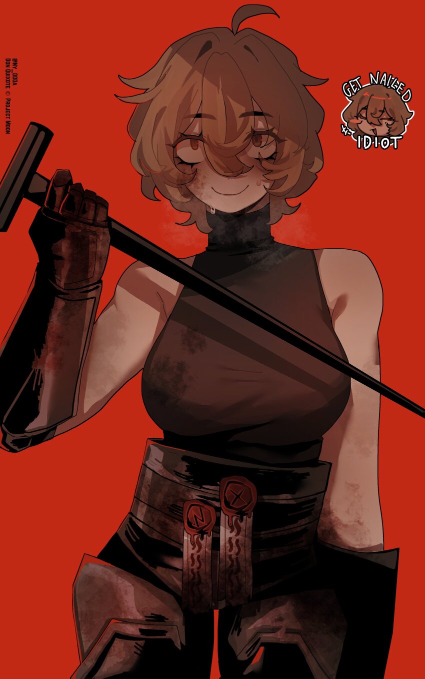 1girl absurdres ahoge armored_boots armpit_crease black_shirt blonde_hair blood blood_on_clothes blood_on_face boots breasts closed_mouth don_quixote_(project_moon) gauntlets hair_between_eyes highres holding holding_nail large_breasts limbus_company looking_at_viewer n_corp._fanatic_(identity)_(project_moon) nail nail_(hardware) ny_000a project_moon red_background shirt short_hair simple_background sleeveless sleeveless_shirt sleeveless_turtleneck smile solo turtleneck