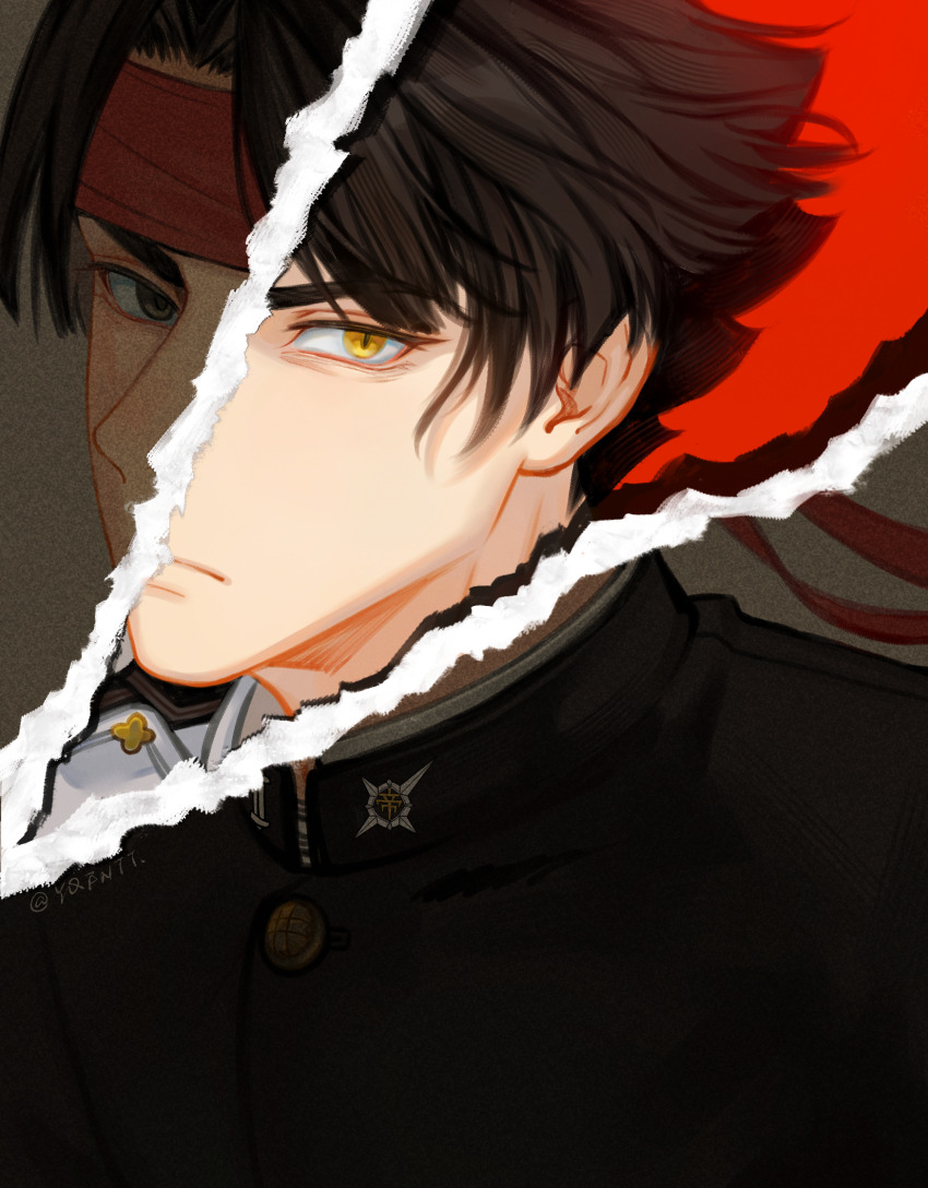 1boy ace_attorney black_eyes black_hair black_jacket chinese_commentary closed_mouth commentary_request film_grain headband heterochromia highres jacket kaze_(yznyttdgs) kazuma_asogi male_focus red_headband short_hair slit_pupils solo split_theme the_great_ace_attorney upper_body yellow_eyes
