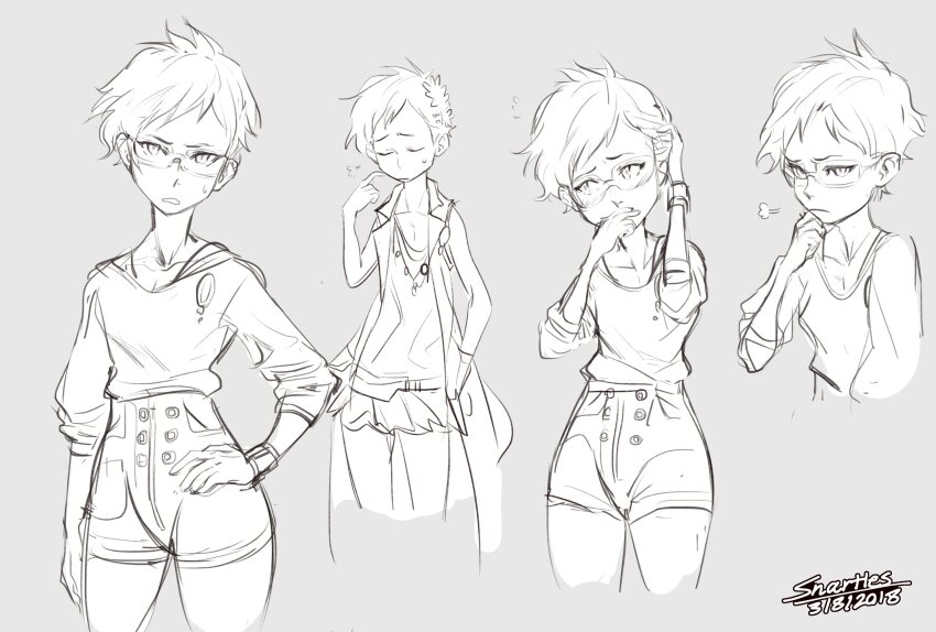 1girl absurdres bracelet brooch closed_eyes commentary cropped_legs cropped_torso dated english_commentary eyelashes finger_to_cheek glasses grey_background greyscale hand_in_own_hair hand_on_own_chin hand_on_own_face hand_on_own_hip high-waist_shorts highres jacket jewelry kyokugen_dasshutsu kyokugen_dasshutsu_adv:_zennin_shibou_desu long_sleeves monochrome multiple_views necklace open_clothes open_jacket open_mouth phi_(kyokugen_dasshutsu) puff_of_air shirt short_hair shorts signature simple_background skirt snartles sweatdrop very_short_hair zero_escape:_toki_no_dilemma