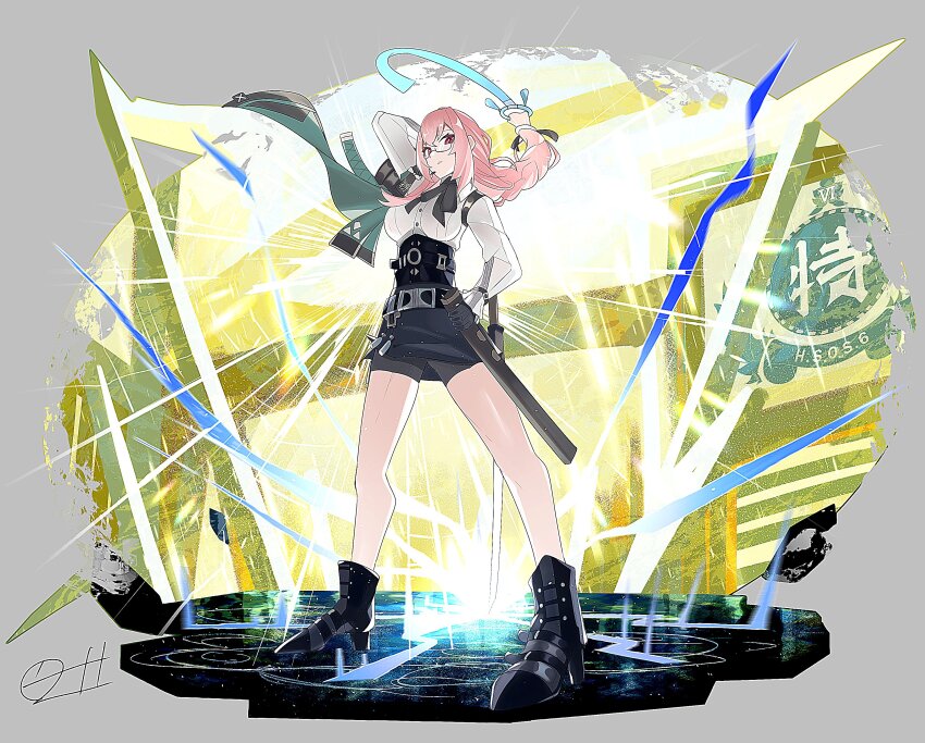 1girl absurdres black_gloves black_ribbon black_shoes full_body glasses gloves high-waist_skirt highres holding holding_polearm holding_weapon long_hair long_sleeves naginata pencil_skirt pink_eyes pink_hair polearm ribbon ring_hair_ornament shirt shoes skirt standing tsukishiro_yanagi weapon white_shirt zenless_zone_zero zeroartwo