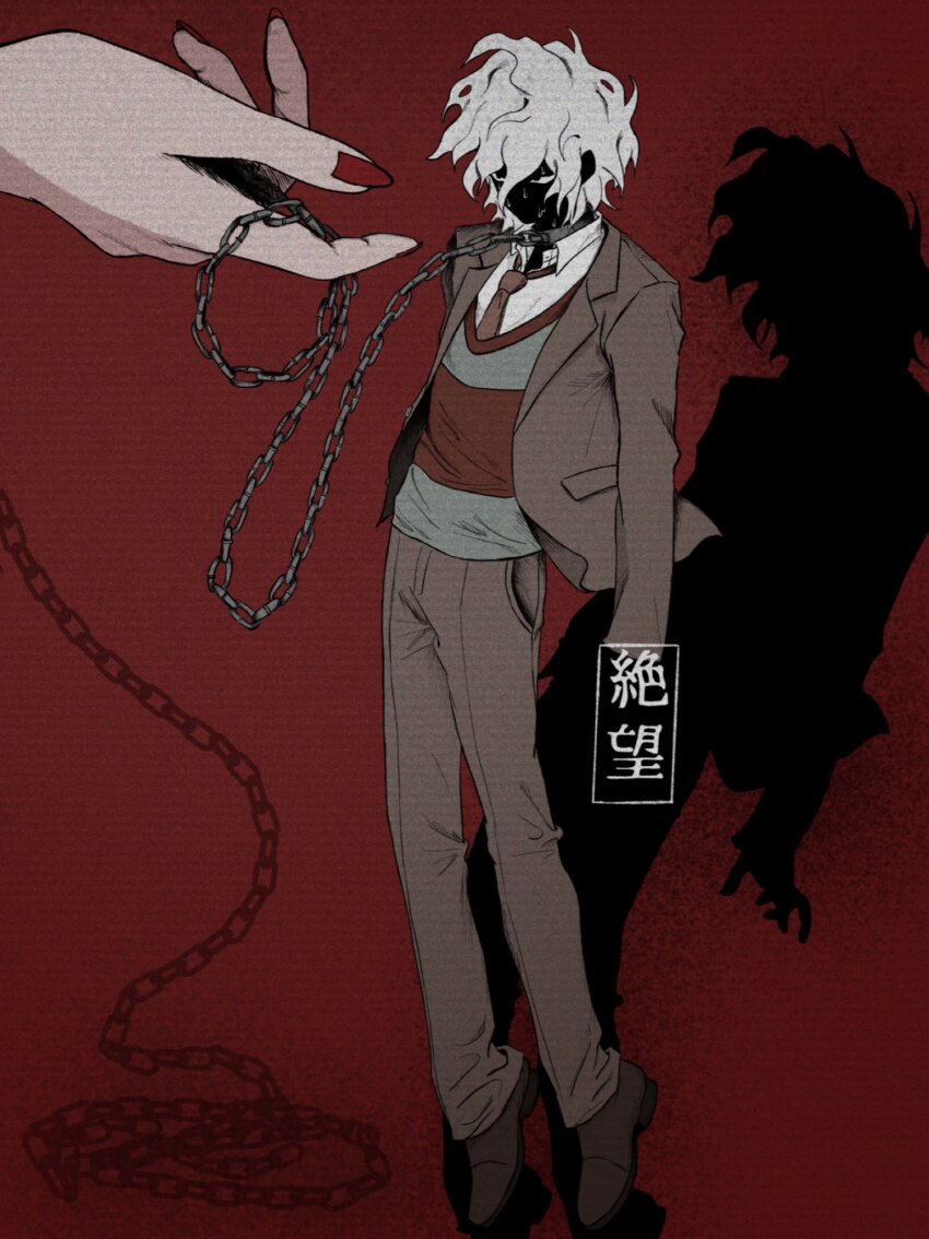 1boy 1other black_eyes brown_suit chain chain_leash character_request collar danganronpa_(series) danganronpa_2:_goodbye_despair formal_clothes grey_hair highres holding holding_leash jacket komaeda_nagito leash male_focus metal_collar open_clothes open_jacket red_background red_nails shadow short_hair suit sweat uri_ka55