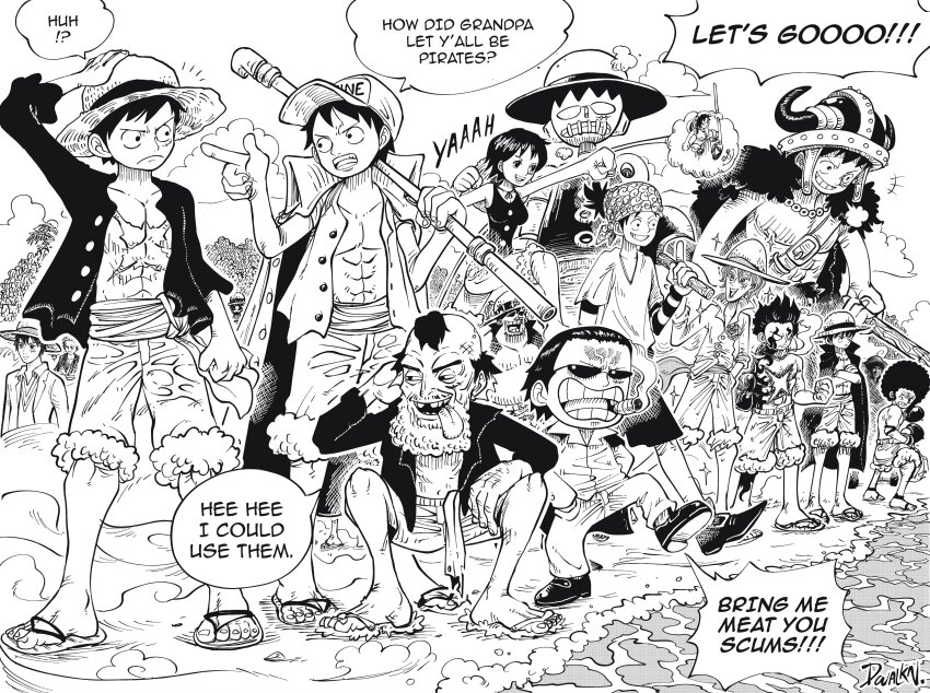 1girl 6+boys absurdres aged_up alternate_universe bandana cigar dwalkn english_text fake_horns genderswap genderswap_(mtf) hat helmet highres horned_helmet horns inaki_godoy marine_uniform_(one_piece) monkey_d._luffy multiple_boys multiple_persona one_piece one_piece_(live_action) robot roronoa_zoro speech_bubble straw_hat tongue tongue_out viking