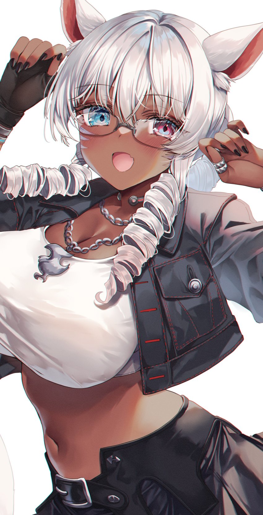 1girl absurdres animal_ears warrior_of_light_(ff14) black_gloves black_nails blue_eyes blush breasts cat_ears cropped_jacket dark-skinned_female dark_skin drill_hair facial_mark final_fantasy final_fantasy_xiv fingerless_gloves gloves grey_hair heterochromia highres hime_gyo jacket jewelry large_breasts long_hair looking_at_viewer midriff miqo&#039;te nail_polish navel necklace open_clothes open_jacket open_mouth red_eyes ring single_fingerless_glove skirt solo tank_top twin_drills whisker_markings